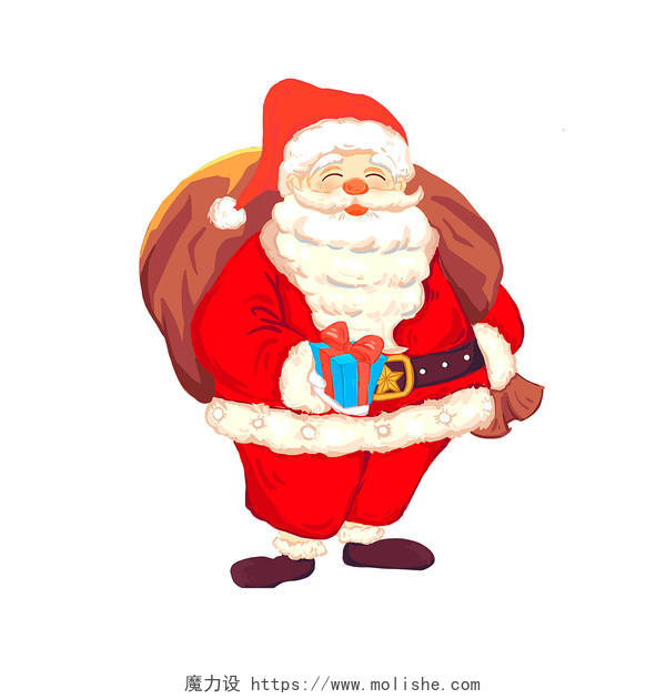 红色手绘卡通圣诞老人送礼物圣诞节元素PNG素材